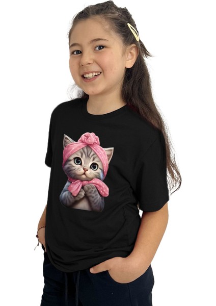 Kedi Baskılı Kız Çocuk Tişört | %100 Pamuk, Şık ve Rahat