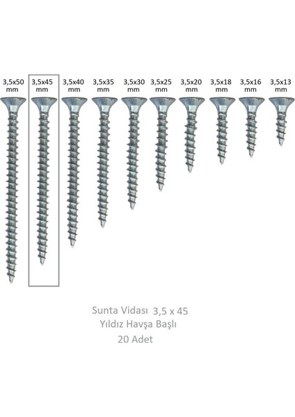 Sunta Vidası 3,5 x 45 mm 20 Adet Yhb Vida