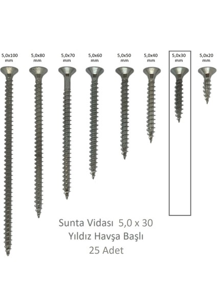 Sunta Vidası 5,0 x 30 mm 25 Adet Yhb Vida