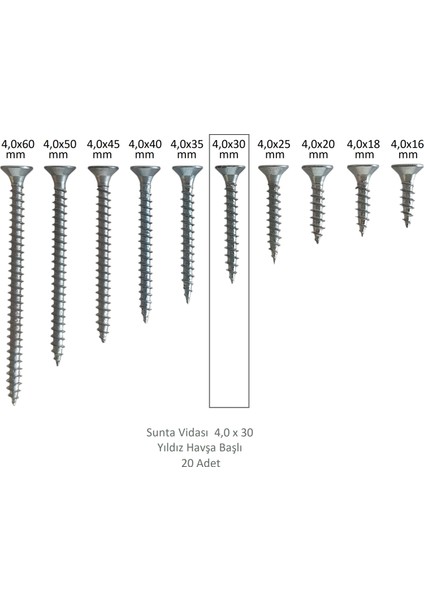 Sunta Vidası 4,0 x 30 mm 20 Adet Yhb Vida