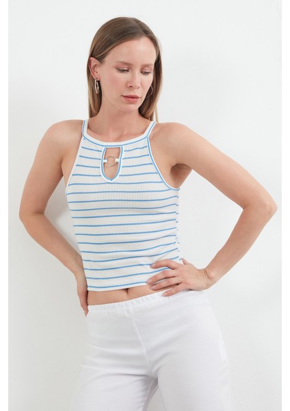 Çizgili Halka Detaylı Halter Yaka Body