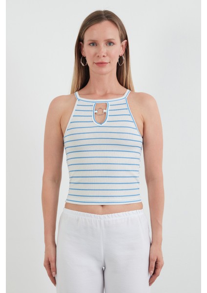 Çizgili Halka Detaylı Halter Yaka Body