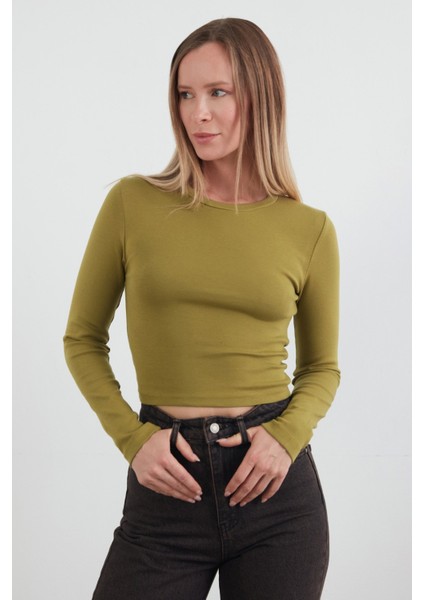 Basic Bisiklet Yaka Uzun Kollu Crop Body