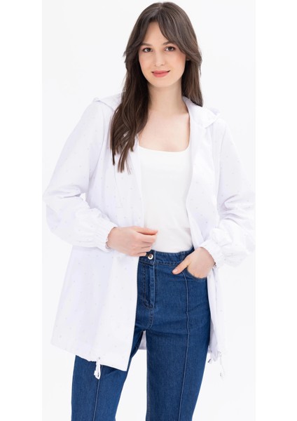 Kadın Taşlı Fermuar Detaylı Kapüşonlu Trençkot-Beyaz modelleri