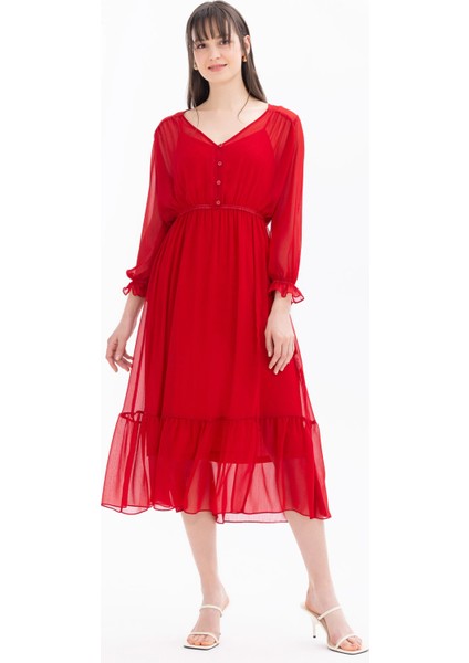 Kadın V Yaka Beli Büzgülü Elbise-Kırmızı