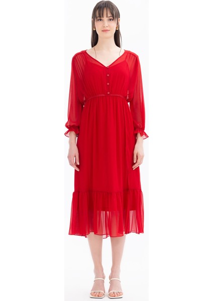 Kadın V Yaka Beli Büzgülü Elbise-Kırmızı fiyatları