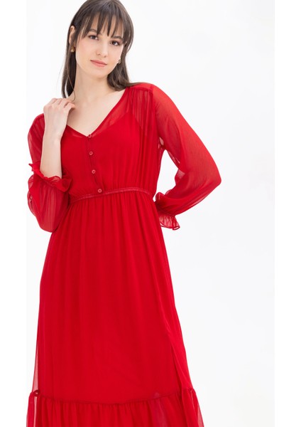 Kadın V Yaka Beli Büzgülü Elbise-Kırmızı modelleri