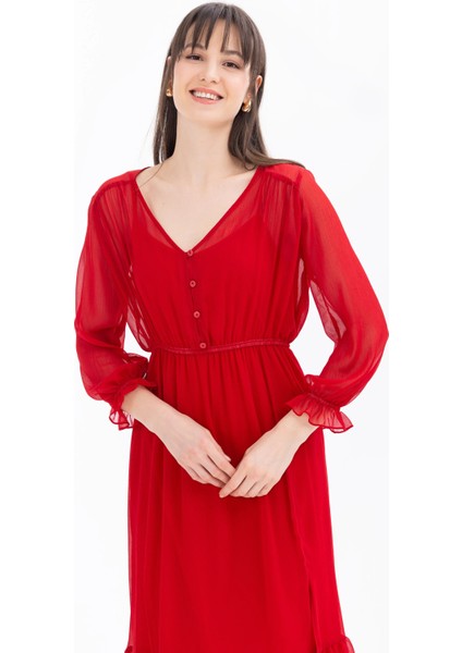 Kadın V Yaka Beli Büzgülü Elbise-Kırmızı fırsatları