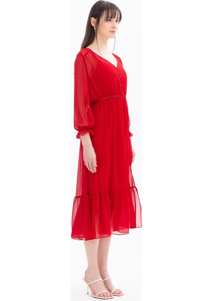Kadın V Yaka Beli Büzgülü Elbise-Kırmızı indirimleri