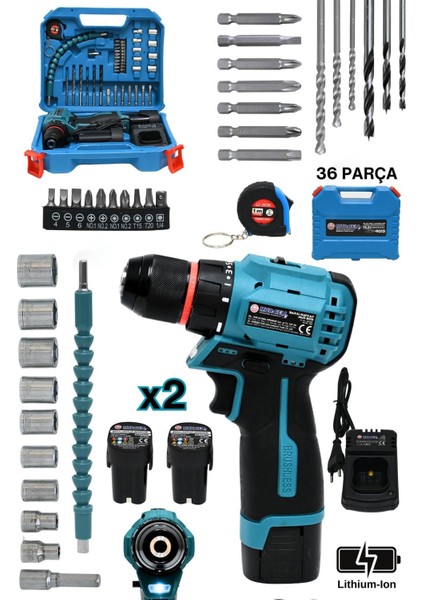 MUR-9013 16,8V Kömürsüz Motor Çelik Mandren 36 Parça Şarjlı Matkap Akülü Vidalama Seti