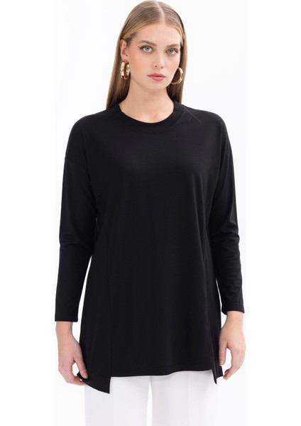Kadın Sıfır Yaka Örme Kumaş Basic Tunik - Siyah