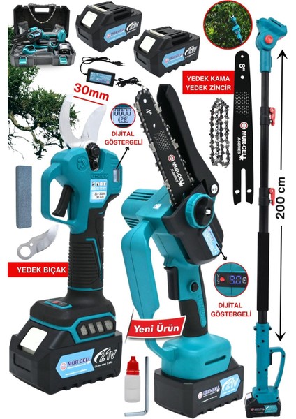 21V 3A Kömürsüz Dijital Göstergeli Dal Budama Testere Makas Teleskopik Uzatma Kolu
