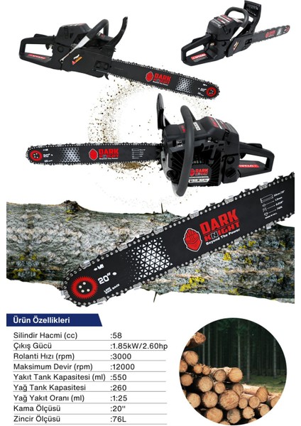 HR-5800A Dark Night Benzinli Testere Hızar Motoru Ağaç Dal Budama 45.2cc 2.6hp