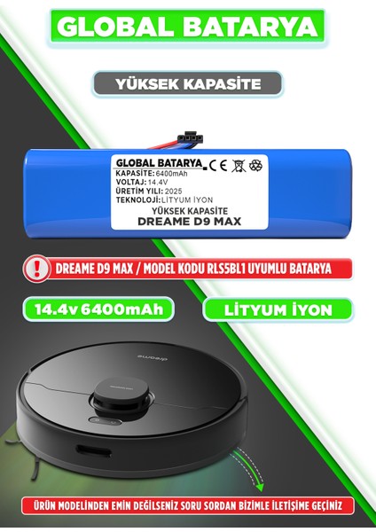 Dreame D9 Max Uyumlu Akıllı Robot Süpürge Bataryası 14.4V 6400MAH Li-Ion Pil (Yüksek Kapasite)