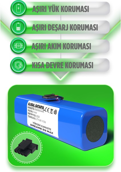 Dreame D9 Max Uyumlu Akıllı Robot Süpürge Bataryası 14.4V 6400MAH Li-Ion Pil (Yüksek Kapasite) fiyatları