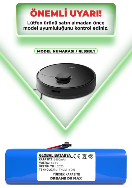 Dreame D9 Max Uyumlu Akıllı Robot Süpürge Bataryası 14.4V 6400MAH Li-Ion Pil (Yüksek Kapasite) indirimleri