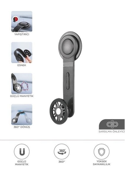 JX-057 Siyah Güçlü Manyetik 360° Dönebilen, Esnek, Yapışkan Tabanlı, Sarsıntı Önleyici Araç Içi Telefon Tutucu