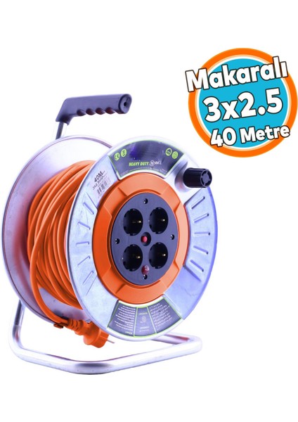 Metal Makaralı Seyyar 4 Prizli IP20 Uzatma Kablosu 3x2.5 mm Cca Kablo 40 Metre Termal Sigorta