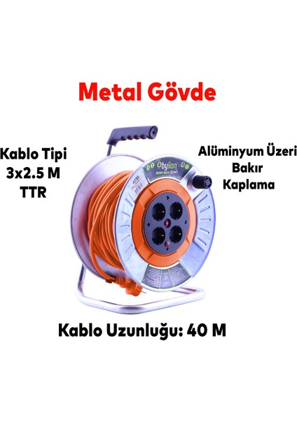 Metal Makaralı Seyyar 4 Prizli IP20 Uzatma Kablosu 3x2.5 mm Cca Kablo 40 Metre Termal Sigorta