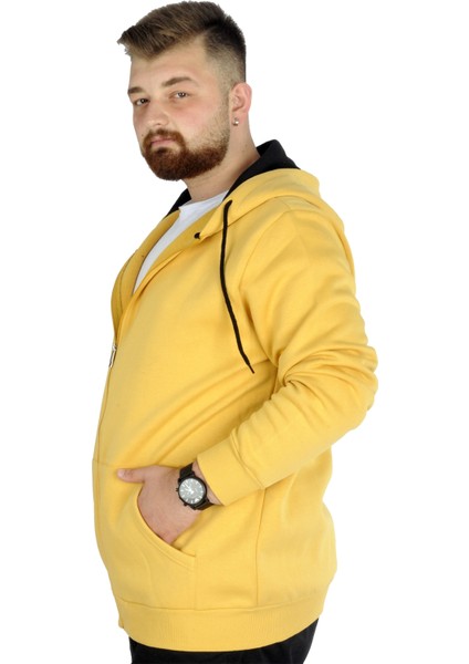 Mode Xl Erkek Sweatshirt Kapşonlu Zippered Basic 20543 Hardal