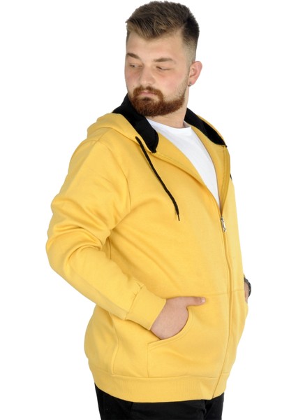 Mode Xl Erkek Sweatshirt Kapşonlu Zippered Basic 20543 Hardal