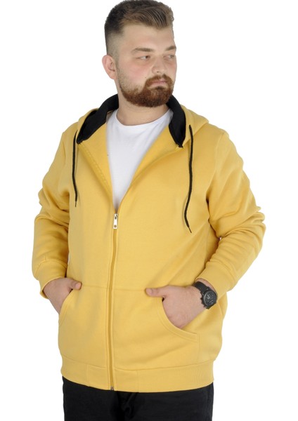Mode Xl Erkek Sweatshirt Kapşonlu Zippered Basic 20543 Hardal