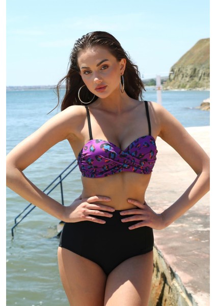 Modaserdem Akbeniz Kadın Yüksel Bel Straplez Mor Bikini 35006