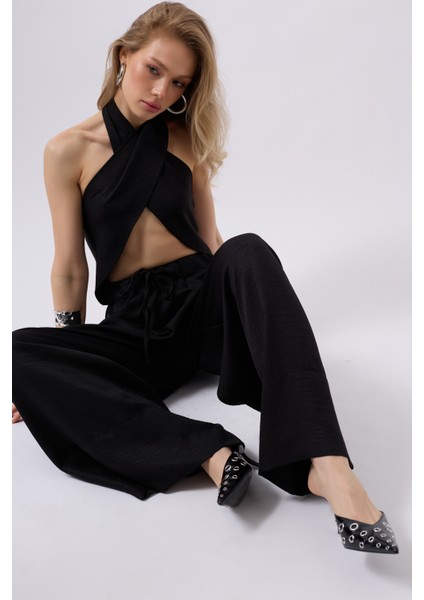 Düşük Bel Oversize Keten Siyah Pantolon