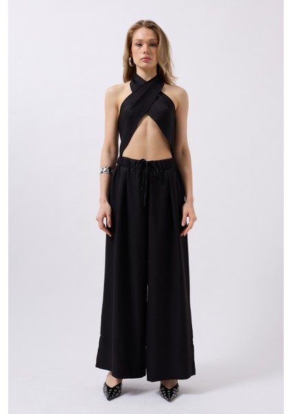 Düşük Bel Oversize Keten Siyah Pantolon