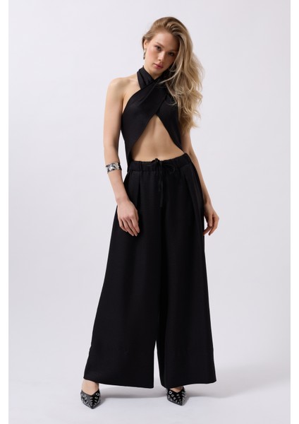 Düşük Bel Oversize Keten Siyah Pantolon