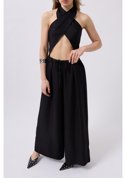 Düşük Bel Oversize Keten Siyah Pantolon