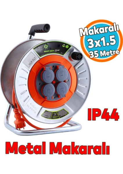 Metal Makaralı Seyyar Kablo Kapaklı 4 Prizli Uzatma Kablosu 3x1.5 mm Cca Kablo 35 Metre