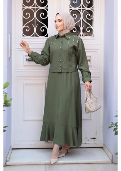 Düğmeli Haki Tesettür Etekli Ikili Takım 44741HK