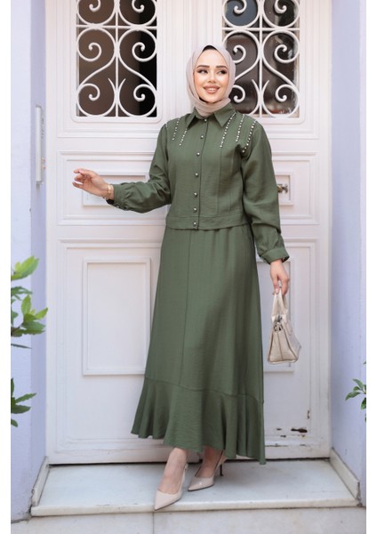 Düğmeli Haki Tesettür Etekli Ikili Takım 44741HK fiyatları