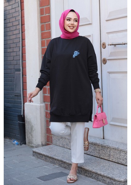 Desen Detaylı Siyah Tesettür Tunik 10653S