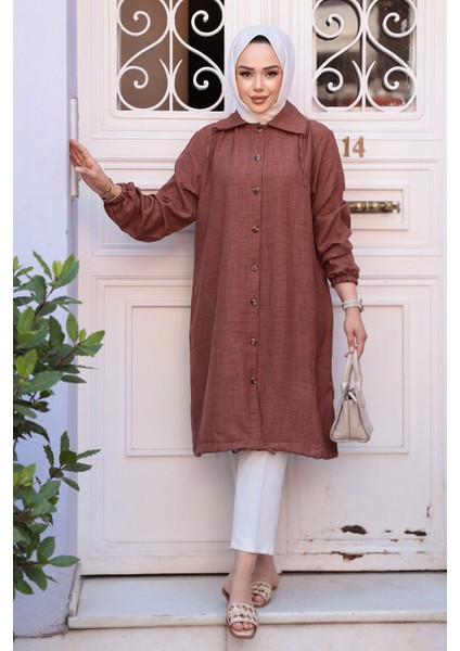Düğmeli Kahverengi Tesettür Tunik 70881KH