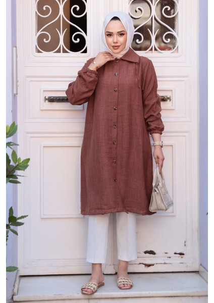 Düğmeli Kahverengi Tesettür Tunik 70881KH modelleri