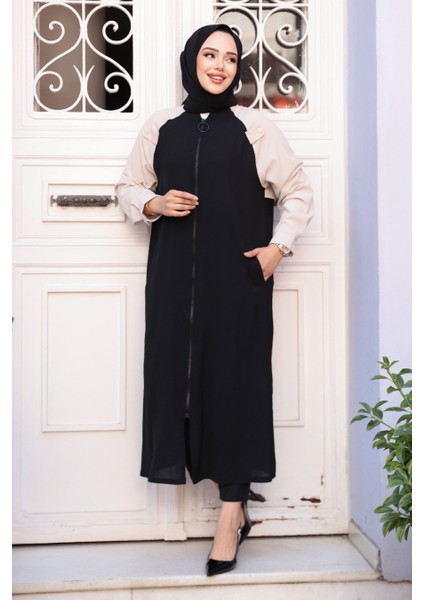 Blok Renkli Siyah Tesettür Hırka 15200S