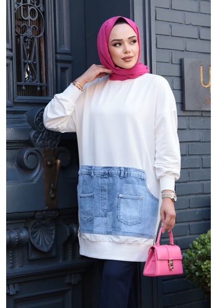 Desenli Ekru Tesettür Tunik 10631E