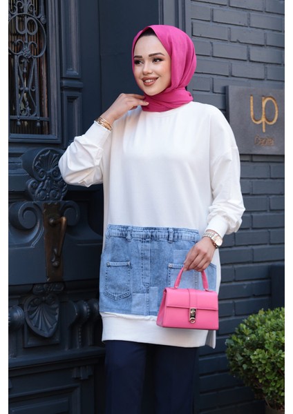 Desenli Ekru Tesettür Tunik 10631E modelleri