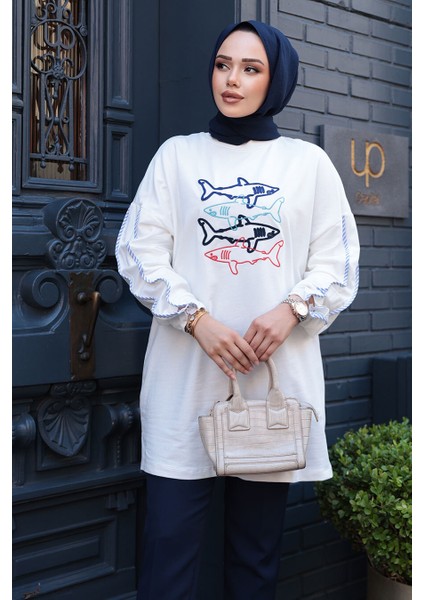 Desenli Ekru Tesettür Tunik 10640E