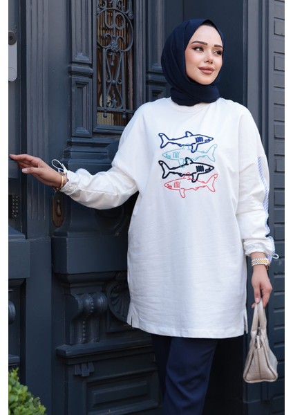 Desenli Ekru Tesettür Tunik 10640E modelleri