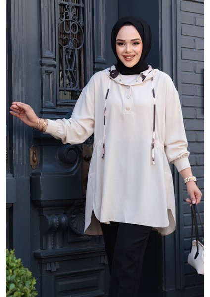 Kapşonlu Bej Tesettür Tunik 10666BEJ