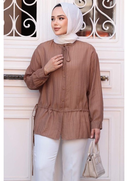 Düğmeli Kahverengi Tesettür Gömlek 32358KH