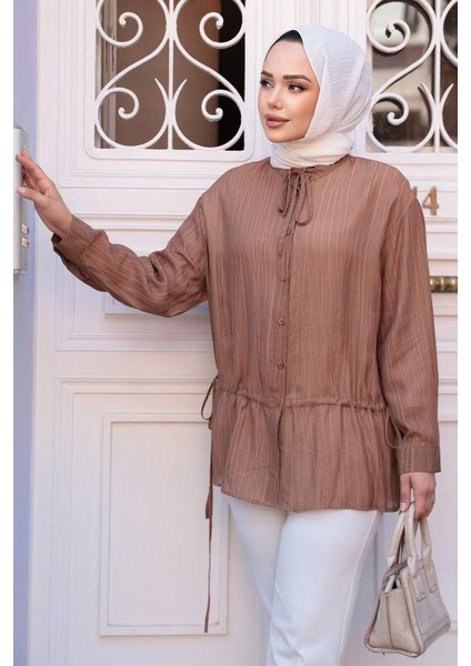 Düğmeli Kahverengi Tesettür Gömlek 32358KH fiyatları