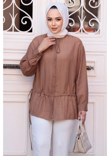 Düğmeli Kahverengi Tesettür Gömlek 32358KH modelleri