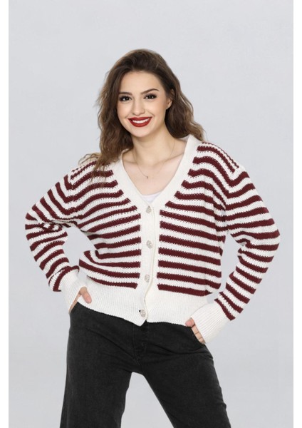 Kadın Düğme Detaylı Çizgili Triko Hırka FLT1004