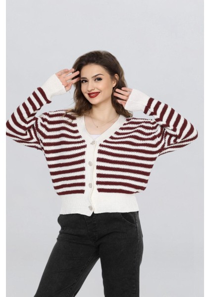 Kadın Düğme Detaylı Çizgili Triko Hırka FLT1004 fiyatları