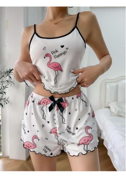 Pink Flamingo Desenli Askılı Şortlu Pijama Takımı