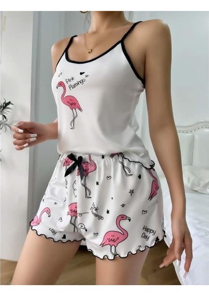 Pink Flamingo Desenli Askılı Şortlu Pijama Takımı